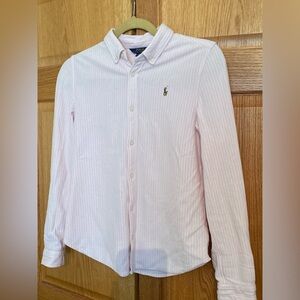 Ralph Lauren Polo Petite Women, Girl Light Pink Striped Button Down Long Sleeve